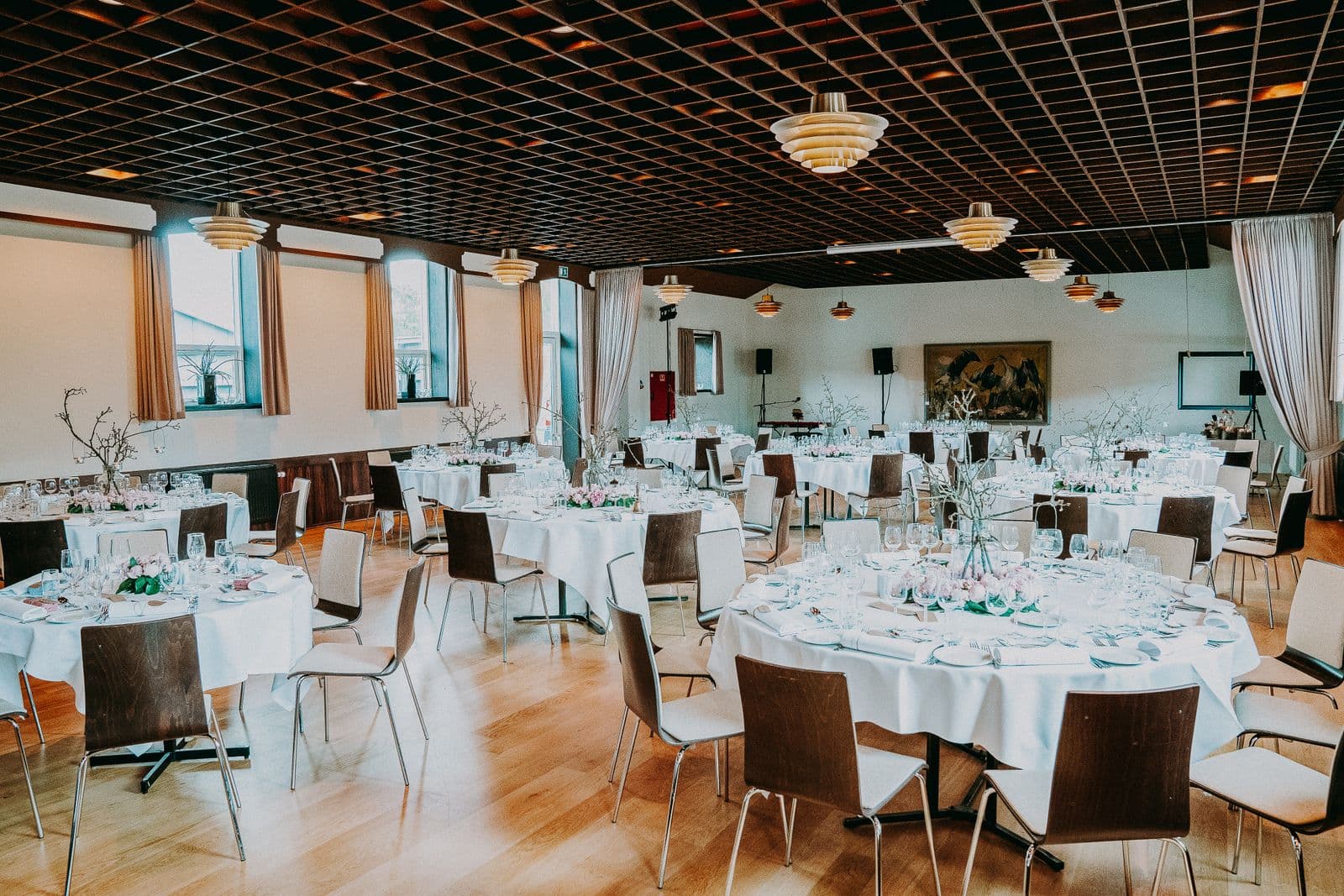 Banquet venue prepared for a formal company event